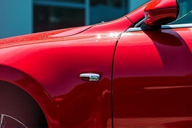 Shiny red sedan after a ceramic coat wash at Water Works
