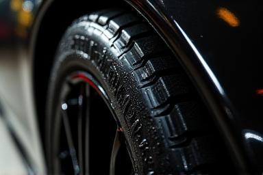 Close-up of a perfectly shined tire with deep black gloss